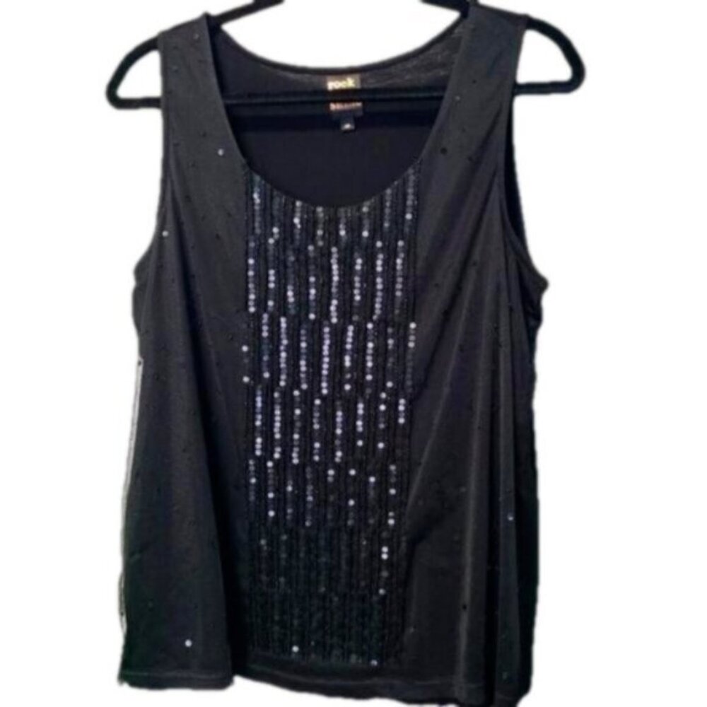 Black Rock & Shine Festive Sequin Mesh Sheer Sleeveless Top Blouse Tank Large